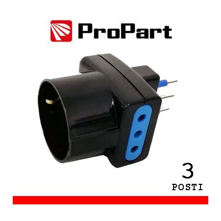 Adattatore triplo 3pos 10A/schuko spina10A nero
