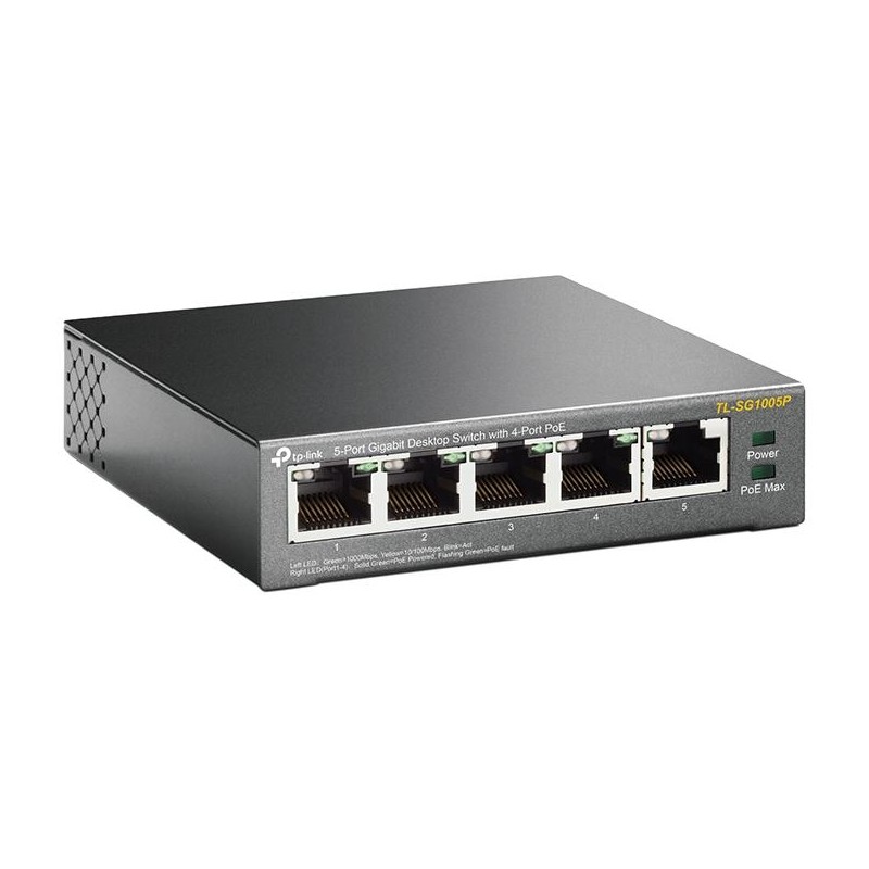 TP-Link Switch PoE Gigabit 5 porte, 4 porte PoE, Max 56W - TL-SG1005P