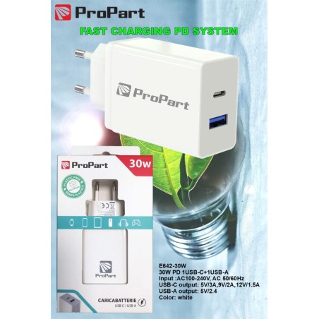 Carica Batterie 30 Watt PD USB A + Type C