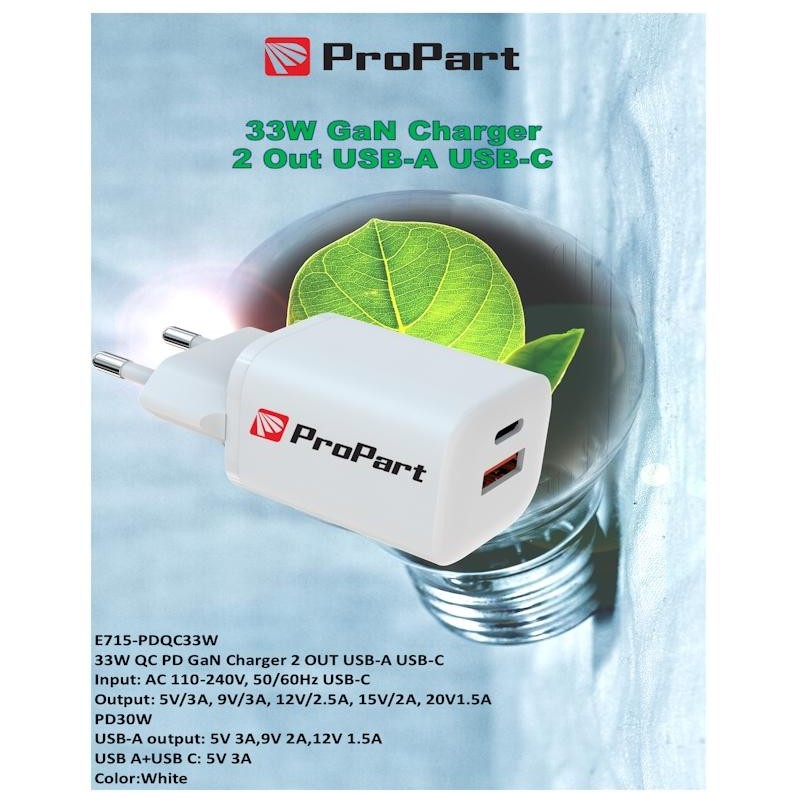Carica Batterie QC GaN 33W PD 2 Output USB-A + USB-C