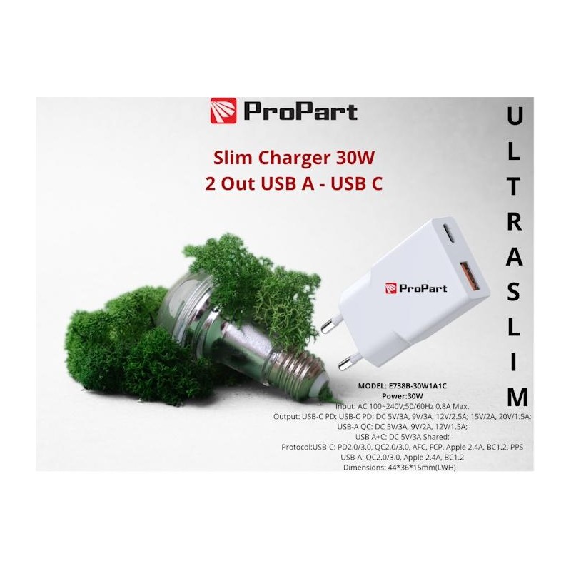 Slim Carica Batterie 30W 2 Out USB A - USB C
