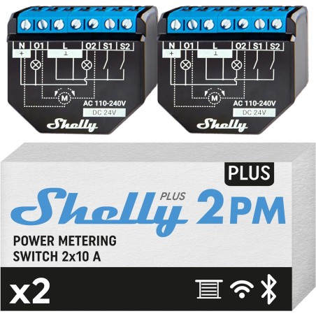 Shelly Plus 2PM DOUBLE PACK - Smart Relay 16A  AC/DC WiFi/BT + PM