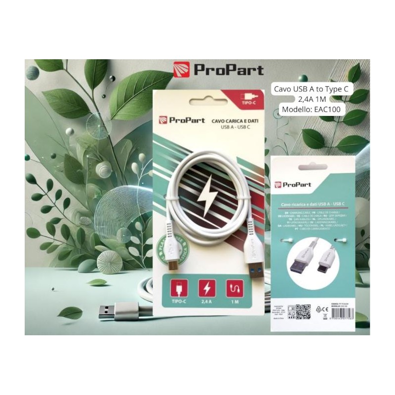 Cavo Carica e Dati Tipo-C 2.4 A. Lunghezza 1 metro Bianco