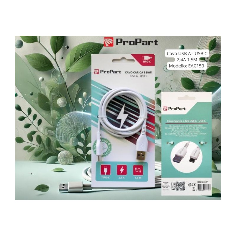 Cavo Carica e Dati Tipo-C 2.4 A. Lunghezza 1.5 metri Bianco