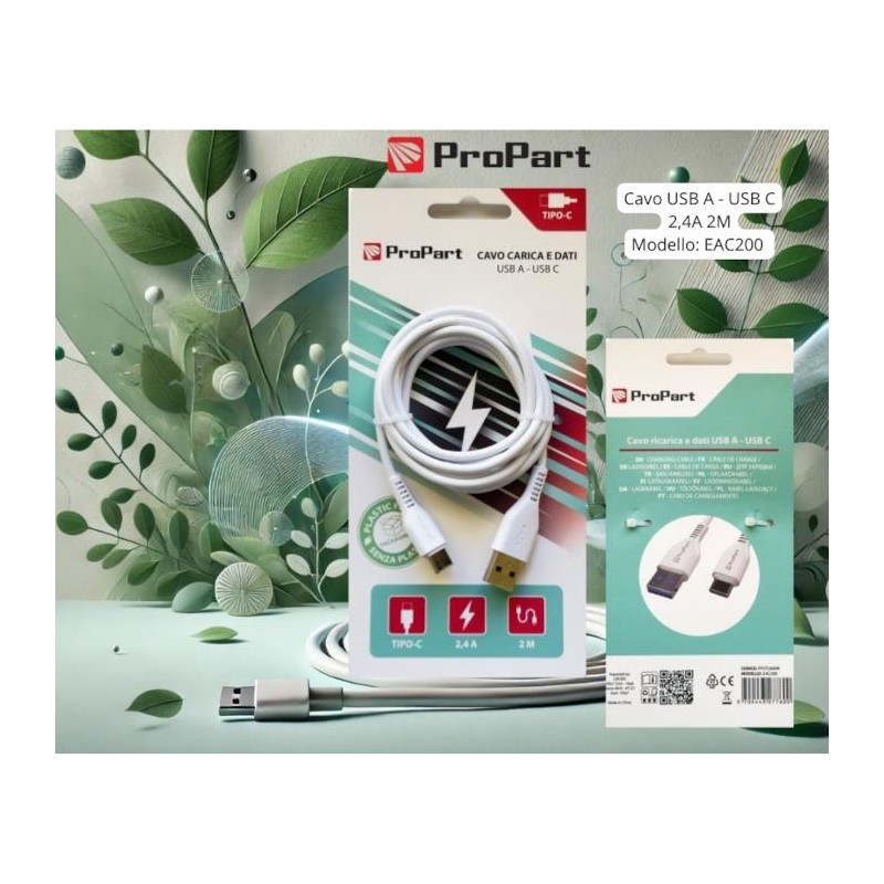 Cavo Carica e Dati Tipo-C 2.4 A. Lunghezza 2 metri Bianco