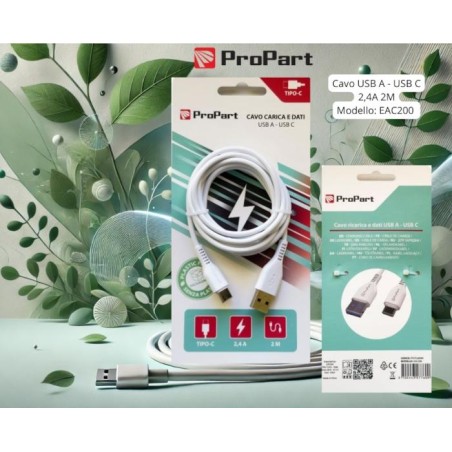 Cavo Carica e Dati Tipo-C 2.4 A. Lunghezza 2 metri Bianco