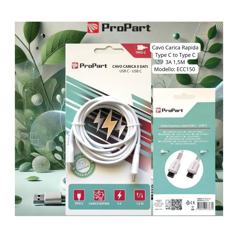 Cavo Carica e Dati Tipo-C a C 3 A. Rapido L.1.5 metri Bianco