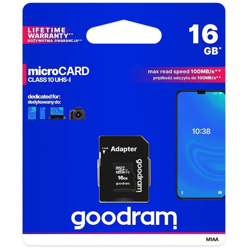 GoodRAM microSD 16GB class 10 UHS I + adapter - retail blister - M1AA-0160R12