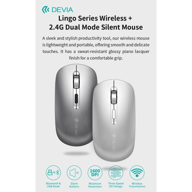 Mouse wireless con DPI regolabile 2.4G + Bluetooth Dual mode Silver